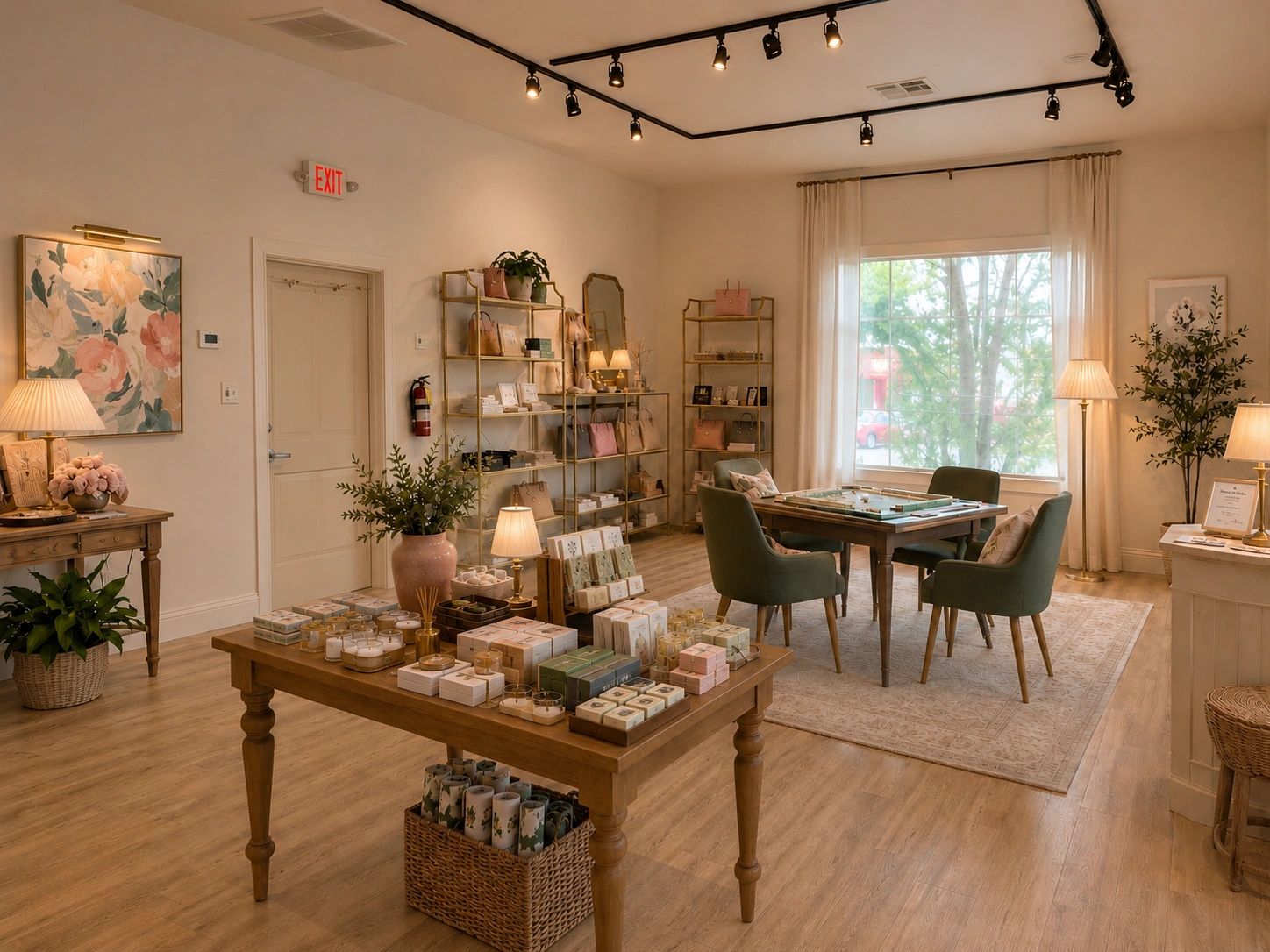 A warm room with a Mahjong table, green chairs and shelves of accessories