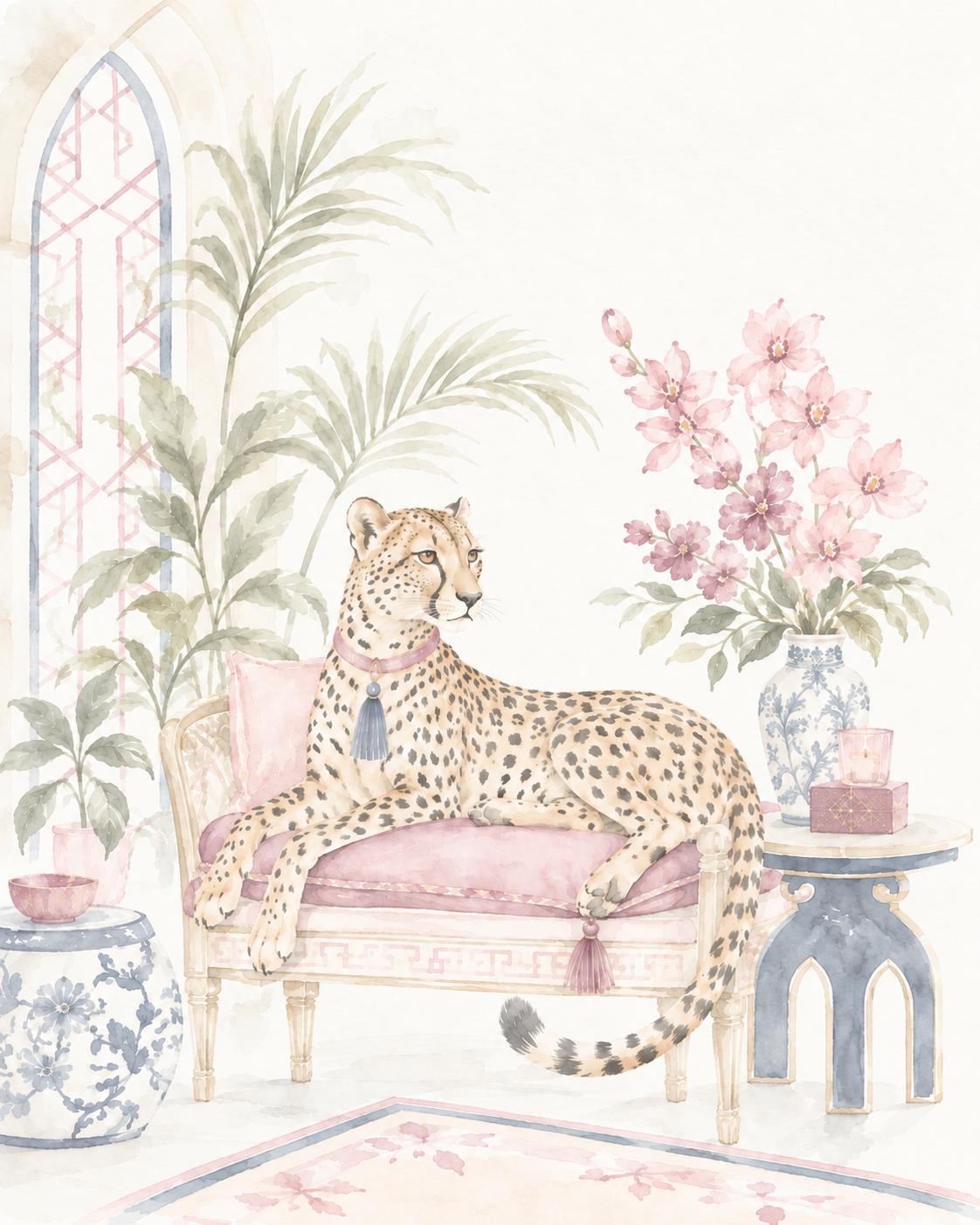 Briar House Social artwork of a spotted cat reclining on a pink bench, surrounded by flowers and greenery